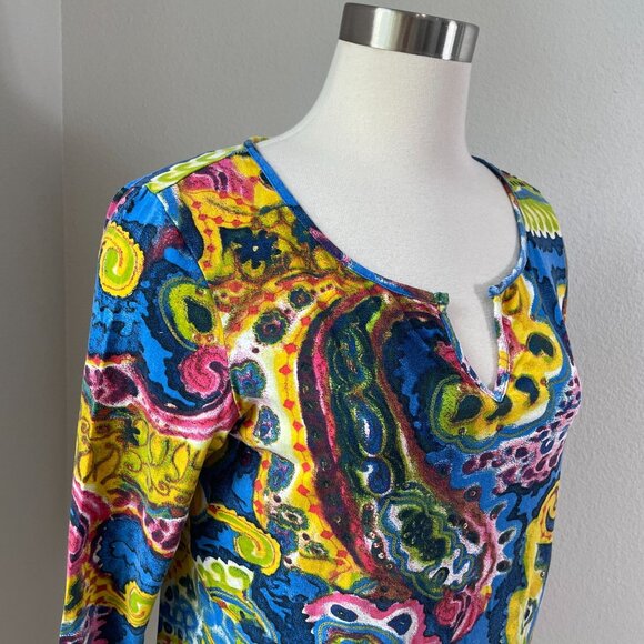 CHICOS Womens Medium Colorful Paisley 3/4 Sleeve Stretch Top Notch Neck Blouse - Picture 2 of 10